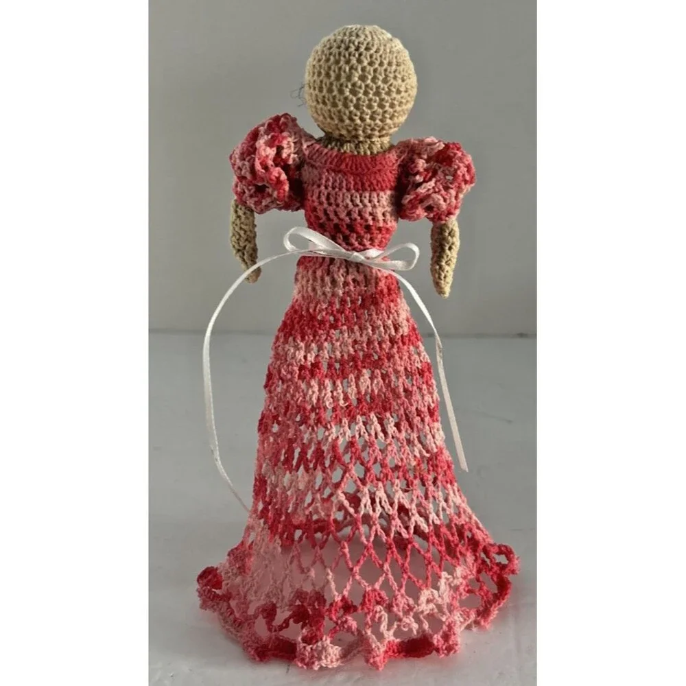 Vintage Starched Crocheted Doll, pink dress 8 1/2